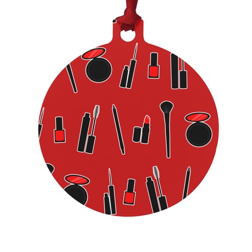 Makeup Lipstick Mascara Eyeliner Pattern Aluminum Holiday Christmas Tree Ornament - 3.0" (7.6 cm) x 3.37" (8.6 cm)