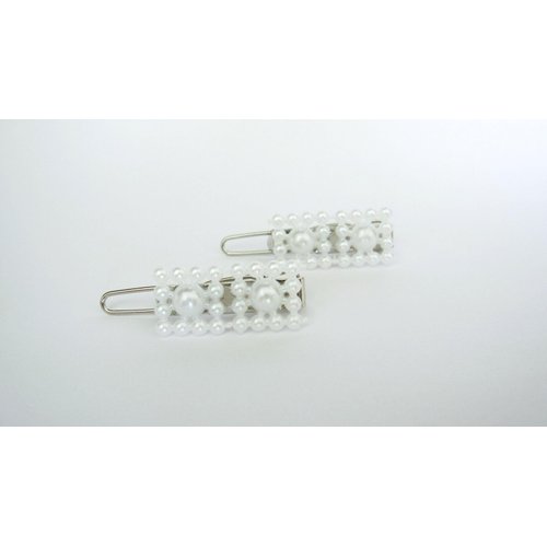 Two small tiny rectangle white pearl hair pin clip barrettes fine hair