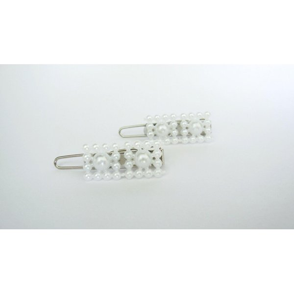Two small tiny rectangle white pearl hair pin clip barrettes fine hair