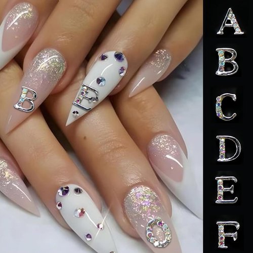 26Pcs Letter Nail Charms for Acrylic Nails, Silver Letter English Alphabet Nail Rhinestones Decoration Diamond Letters Nail Jewels DIY Manicure Acrylic Nail Art Accessories for Women and Girls