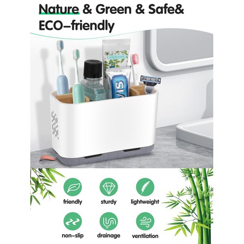 GFWARE Toothbrush Holders for Bathrooms, Bamboo Divider Toothbrush and Toothpaste Holder with Drainage, Kids Electric Toothbrush Organizer for Bathroom Countertop, White Tooth Brush Holder