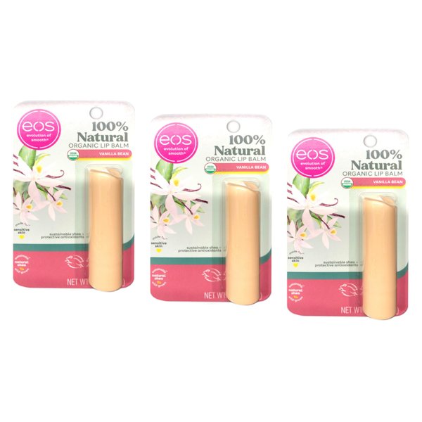 EOS Lip Care - Organic Biologique - Vanilla Bean - 100% Natural - Net Wt. 0.14 OZ (4 g) Per Stick - Pack of 3 Sticks