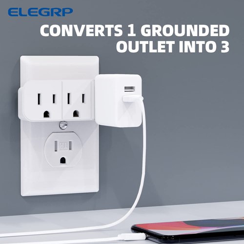 ELEGRP Triple Outlet Extender, 3-Prong Grounded Wall Tab, Multiple Outlet Extender Adapter Plug with 3 Electrical Outlets for Travel Home Hotel Office, ETL Listed, 1 Pack, White