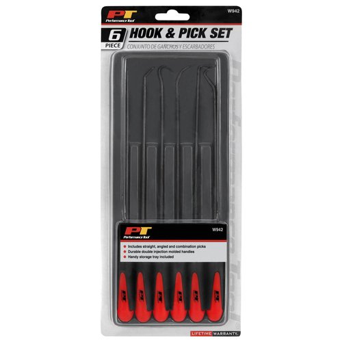 Performance Tool W942 Multi-Shaped and Angled Hook and Pick Tool Set for Garages and Workshops, Black, 6 pieces