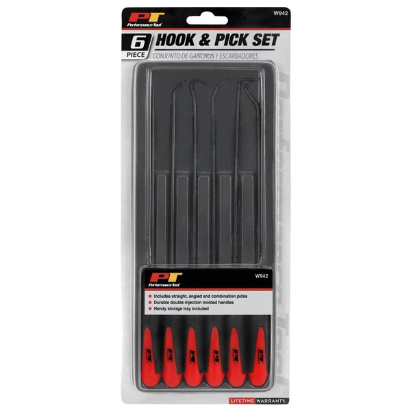 Performance Tool W942 Multi-Shaped and Angled Hook and Pick Tool Set for Garages and Workshops, Black, 6 pieces