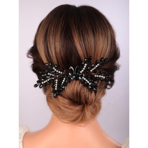 Teyglen Crystal Bride Wedding Hair Comb Black Rhinestone Hair Side Comb Crystal Hair Piece Bridal Hair Accessories Flower Headpiece for Women Girls (Black 2)