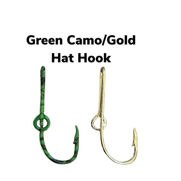 Two Fish Hook Hat Pins Camo and Gold Hat Hook Fish Hook for Hat Camo Fish Hook Clip- Set of Two Hooks one Camo and one Gold