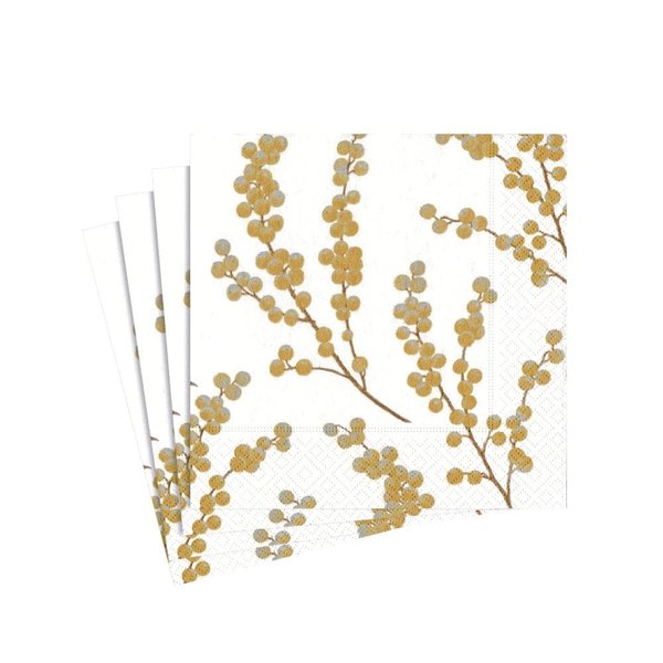 Entertaining with Caspari Berry Branches Paper Cocktail Napkin, White and Gold, Pack of 20