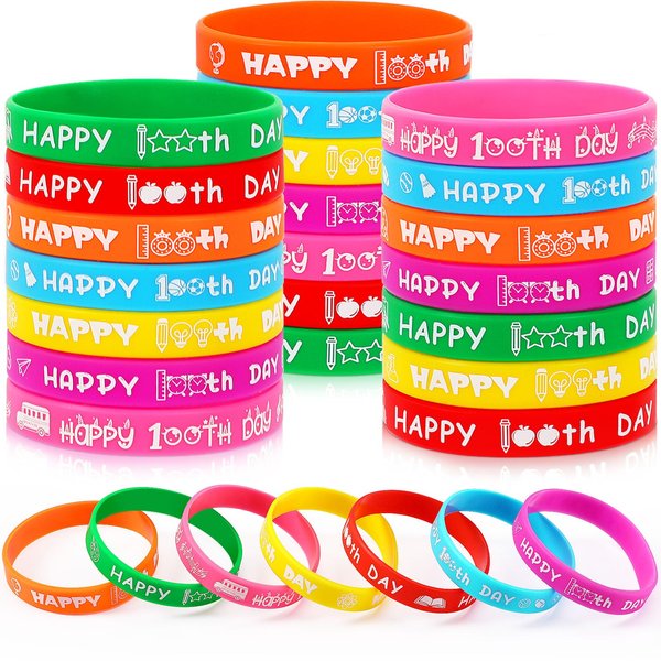 JUNEBRUSHS 100th Day of School Party Favors, 42pcs 100 Days of School Silicone Bracelets Rubber Wristbands for Kids School Party Students Kindergarten Teacher Preschool Gift Decorations Supplies
