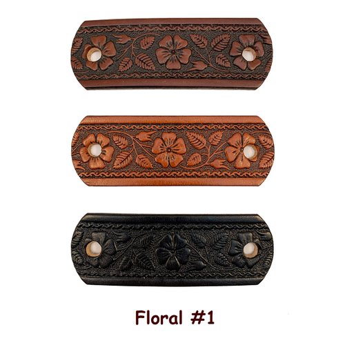 Made in USA - 2 GENUINE THICK LEATHER Floral Hair Barrettes with Sticks, Ponytail Holders, Flowers, Choice of Colors Dark Brown, Light Brown, Black