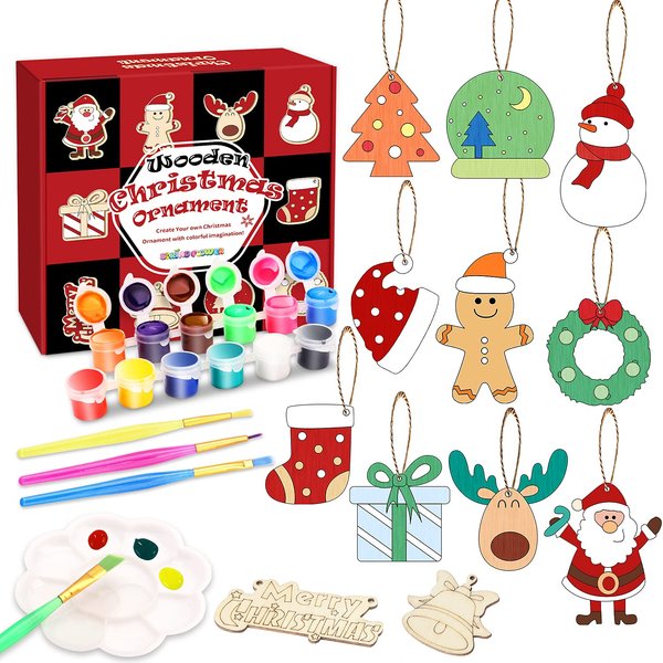 Springflower 36pcs Wooden Christmas Ornaments for Hanging Decorations,12 Styles Unfinished Wood Slices with Holes for Kids,DIY Craft Gift Toys with Paint Set for Girls and Boys Ages 5 6 7 8 9 10 11 12