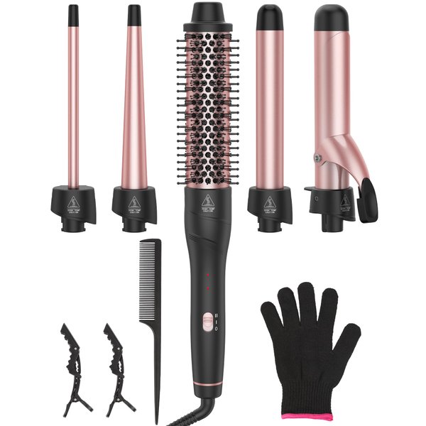 ANIEKIN 5-in-1 Curling Iron Set: Includes a Curling Brush and 4 Interchangeable Ceramic Wands (0.39”-1.25”), Instant Heat, Dual Voltage Hair Curler, Great Gift for Girls and Mother