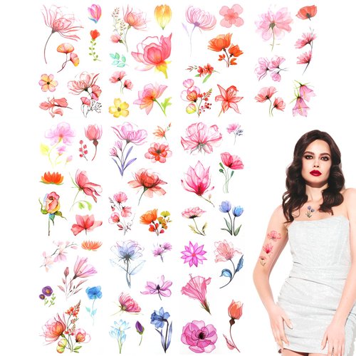 Molain 20 Sheets X-Ray Flowers Temporary Tattoos for Women, Watercolor Rose Lily Floral Tattoos Arm Fake Flower Tattoo Stickers Body Art Waterproof Tattoo Stickers