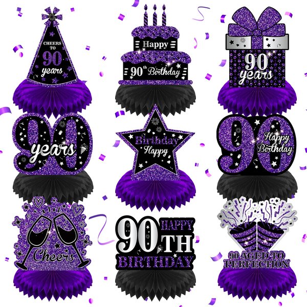 9Pcs Purple 90th Birthday Decorations Purple Black Happy 90th Birthday Table Honeycomb Centerpieces for Table Decor 90th Birthday Table Topper for Women Men 90th Birthday Anniversary Party Supplies