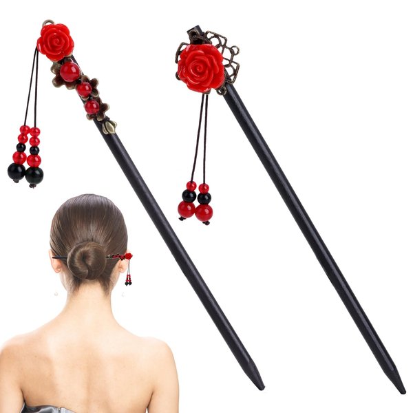 GUGUMO 2 Pcs Chinese Hair Chopsticks for Women Retro Wooden Hairpin Flower Hair Chopsticks Handmade Wooden Hair Stick Vintage Tassel Handmade Chignon Jewelry for Girls (Red Flower)