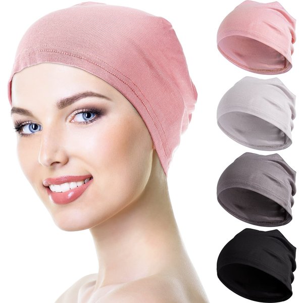 Zhanmai 4 Pieces Fiber Sleep Cap Multifunctional Skull Caps Headwear Frizzy Hair Sleep Hat Breathable Hair Sleeping Cap Helmet Liner Hard Hat Beanie Cap for Women Black