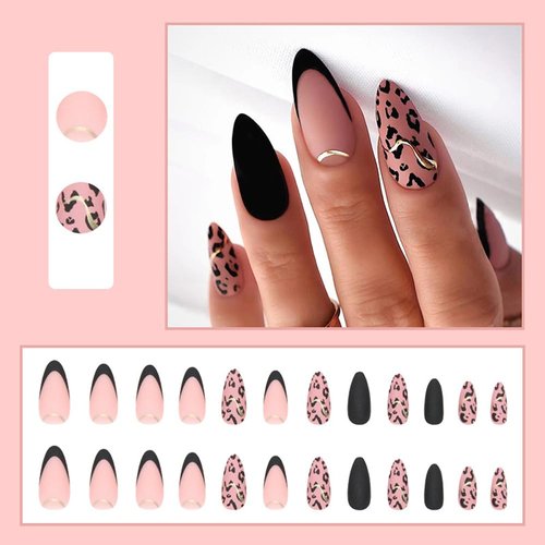 IFMOPETY 24Pcs Almond Press On Nails，Leopard Print French Tip Press On Nails，Black False Nail Kit，Reusable Stick On Nails in 12 Sizes - Fake Nails Kit