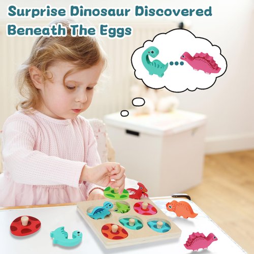Wooden Puzzles for Toddlers 1-3 2-4, Montessori Dinosaur Toys for 1 2 3 Year Old Boy Girl Christmas Birthday Gifts, Dinosaur Match Eggs Peg Puzzles Preschool Learning Toys for Toddlers Age 1-2