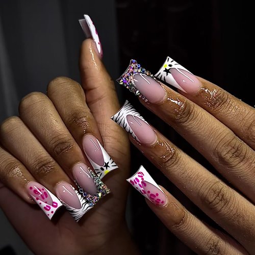 FIEONCIY Press on Nails Duck Shape Glossy Full Cover Medium Acrylic French False Nails with Designs Artificial Duck Fake Nails with Charms Glue ons Nails Stick on Fingernails for Women(A30411)