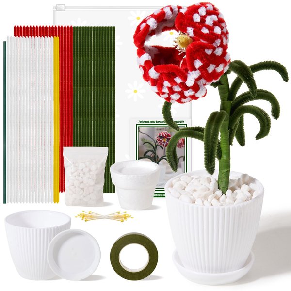 FARBCLUB Pipe Cleaners, Pipe Cleaners Craft with Tutorial Cannibal, Chenille Pipe Cleaners with Plastic Flowerpot, Flower Making Kit, DIY Home Decorations, Craft Supplies Kit