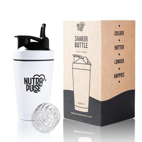 NUTRAPULSE Nutra Pulse Premium Gym Shaker Bottle - Durable Protein Shake Mixer with Secure Lid and Mixing Ball - Perfect for Fitness Enthusiasts (White, 500ml)