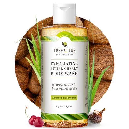 Tree to Tub Bitter Cherry Coconut Exfoliating Body Wash - Gentle Exfoliating Body Scrub for Sensitive Skin - Skin Exfoliator for Body for Women & Men w/Natural Soapberry, Natural Cherry, Organic Rice