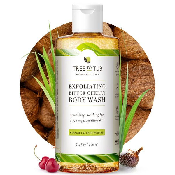 Tree to Tub Bitter Cherry Coconut Exfoliating Body Wash - Gentle Exfoliating Body Scrub for Sensitive Skin - Skin Exfoliator for Body for Women & Men w/Natural Soapberry, Natural Cherry, Organic Rice