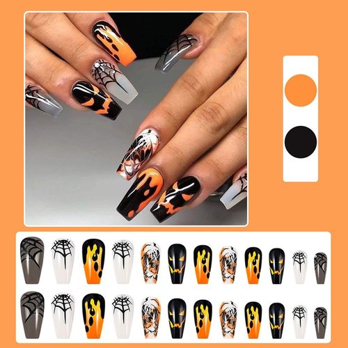 24 Pcs Halloween Press on Nails Medium Coffin Square - SHANRUN Ballerina Fake Nails Press ons Nail Art French Tip Glue on Nails Full Cover Artificial Acrylic False Nails with Ghost Spider Web Design