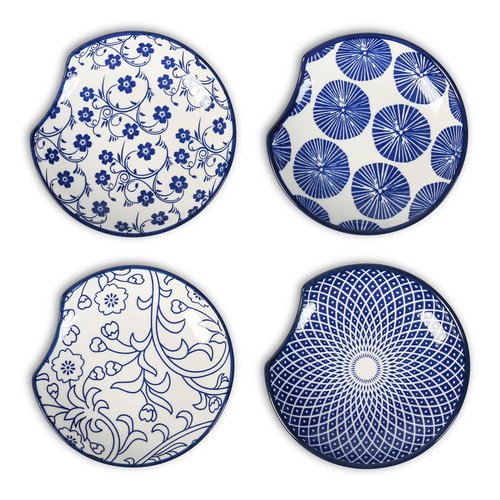 Selamica Ceramic Spoon Rest for Stove Top, 4.6 Inch Cooking Spoon Holder for Kitchen Counter, Stackable Utensil Rest Holder for Spatula Ladles Tong, Christmas Gift, Set of 4, Vintage Blue