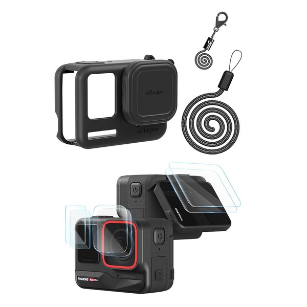 Rszfnjxry Silicone Protective Cover Case with Silicone Lens Cover,Screen and Lens Protector for Insta360 Ace Pro (Ace Pro Black Case+Screen Protector)
