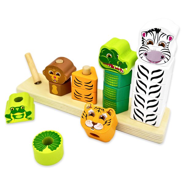 Big Discoveries Wild Stacker - Animal Block Stacking Puzzle for Ages 2 and Up | Durable Wooden Geometry Shape Toy with Flexible Safety Pegs and Pegboard - Fun Montessori Stack Toy for Toddlers