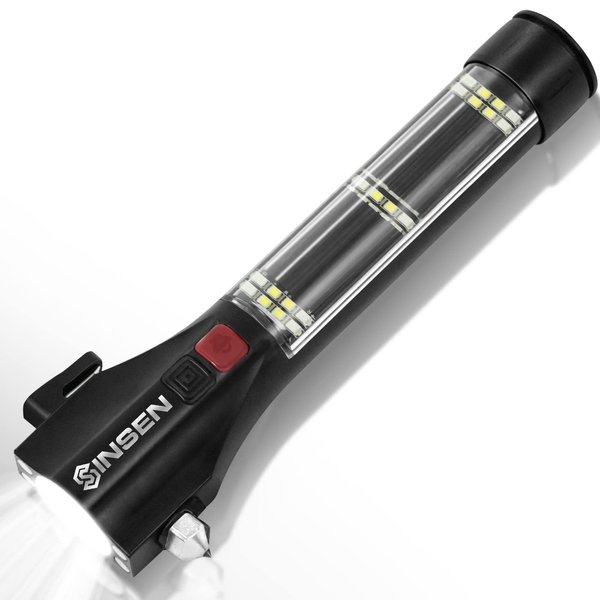 SINSEN Car Safety Hammer Flashlight, Tactical Emergency Rescue Tool, LED High Lumens Rechargeable Solar Powered Escape Kit, Window Glass Breaker and Seatbelt Cutter, Self Defense Multi-Function Torch