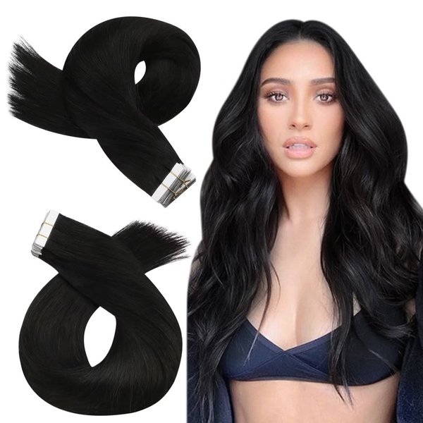 Moresoo Black Tape in Hair Extensions Human Hair Natural Black Human Hair Extensions Tape in Real Human Hair Invisible Tape in Human Hair Extensions 14 Inch #1B 20pcs 40g