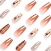 MISUD Fall Press on Nails Long Coffin Fake Nails Glossy Glue on Nails Brown Ombre Acrylic Nails Autumn Maple Leaf Ballerina Artificial Nails Bling Glitter Stick on False Nails with Design 24 pcs