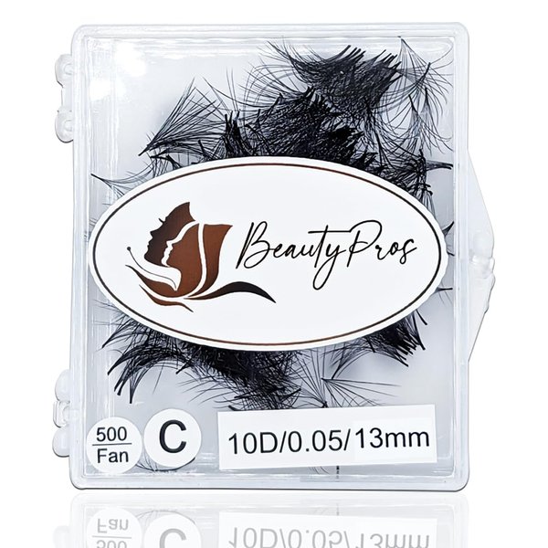 BeautyPros Professional Lash Extension Kit – Faux Mink Bundle 500 Lash Fans (8-17mm)- Premade Loose Fans base (0.05mm & 0.07mm) -Volume Lash Extensions Multiple Selection -Black (3D C Curl 10mm)