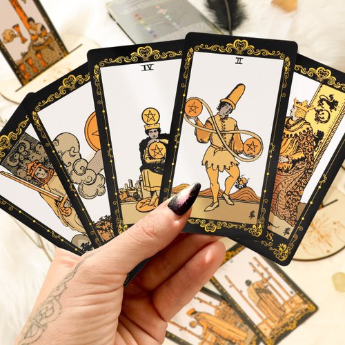 Tarot Cards with Guide Book, 78 Black Tarot Cards Set with Tarot Cloth, Chakra Stones, Tarot Bag and More, Classic Tarot Cards for Beginners Kit, Tarot Deck Fortune Telling Game