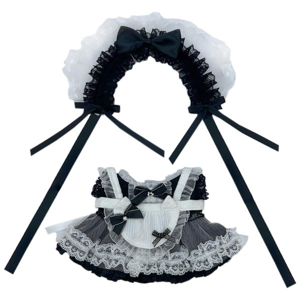 niannyyhouse Headdress Dress Apron 10cm 15cm 20cm Plush Doll Lace Maid Outfit Dress Up Accessories (Black-20cm)