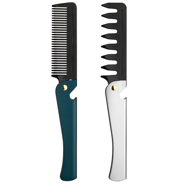 Folding Comb, 2PCS Folding Comb for Men, Travel Comb Pocket Comb for Men, Folding Beard Comb with Cover for Men, Ideal for Grooming, Detangling, and Styling