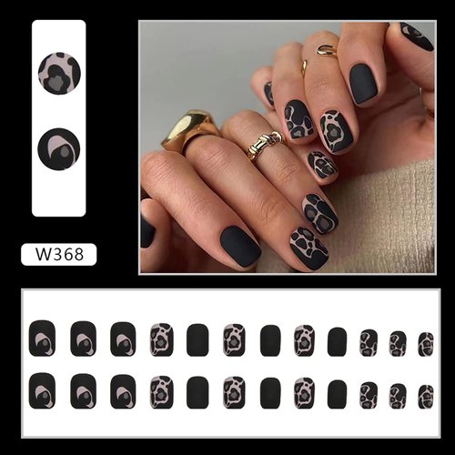 Press on Nails Short with Leopard Designs, 24Pcs Full Cover Reusable False Nails with Glue, Artificial Square Fingernails Acrylic Fake Nails for Women, Girls Stick on Nails with Charm Decorations