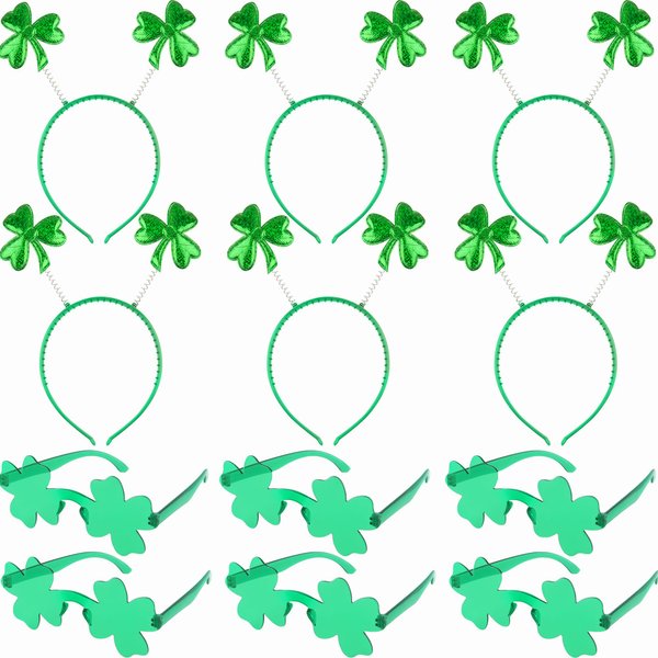 Cagemoga 6 Pack St. Patrick's Day Headbands Shamrock Head Boppers and 6 Pack Green Shamrock Sunglasses for St. Patrick's Day Irish Party Costume Accessories