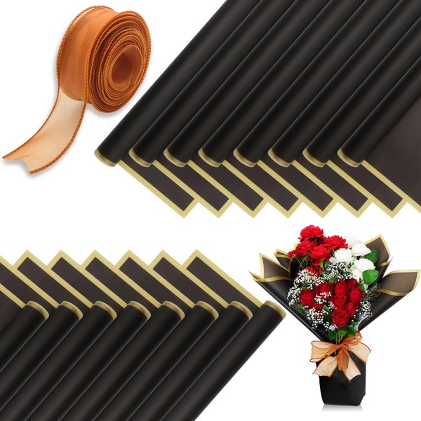 Inn Diary 40 Sheets Flower Wrapping Paper Black Waterproof Florist Bouquet Wrapping Paper 22×22" Floral Gift Paper with 10 Yards Ribbon for DIY Crafts, Gift Packaging
