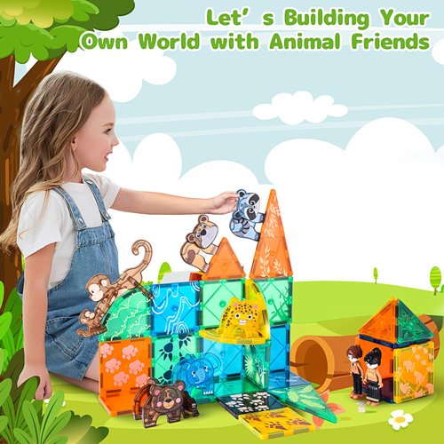 Magnetic Tiles Animals and Baby Family Set, Magnet Tiles Building Blocks for Toddler 3-5, STEM Learning Toy Early Education Construction Playset, Toy Gift for Kids 3 4 5 6 7