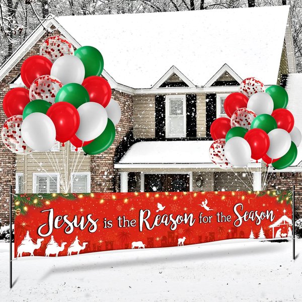 Christmas Banner Decoration Set Jesus Is the Reason for the Season Yard Banner Nativity Fence Banner with 35 Pieces Latex Balloons Xmas Indoor Outdoor Decors Kit for Christmas Party Supplies