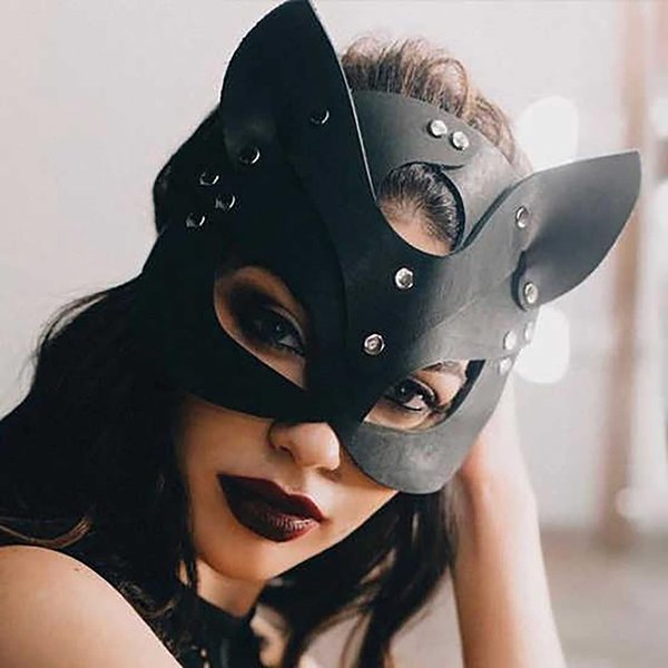 Bulex Woman Leather Cat Mask Costume Bunny Fox Cat Women Masquerade Masks,Animal Half Face Mask Cosplay Halloween Party Ladies, 8.7*7.5 IN, A.black-cat-mask-2