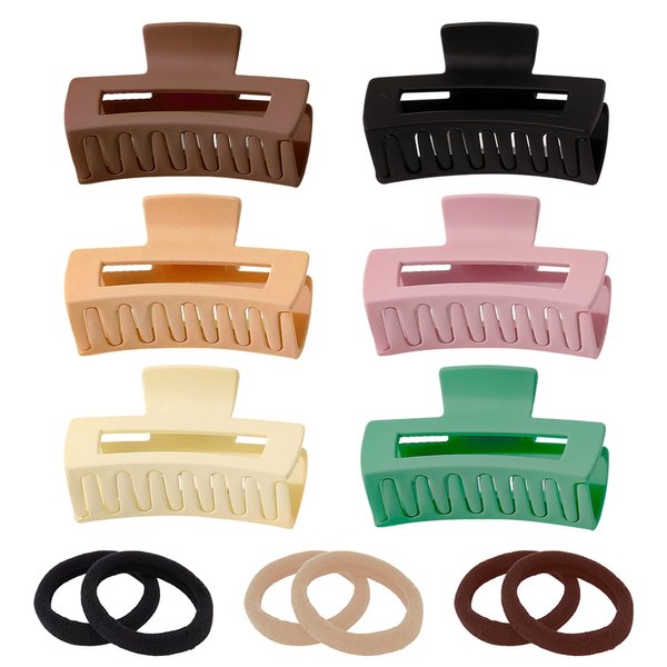 Zee Luxe 6 Pack Premium Hair Claw Clips with 6 Hair Ties - 3.5" Claw Hair Clips for Women Thick Hair-Strong Hold and Stylish Design Medium Claw Clips for Women and Girls