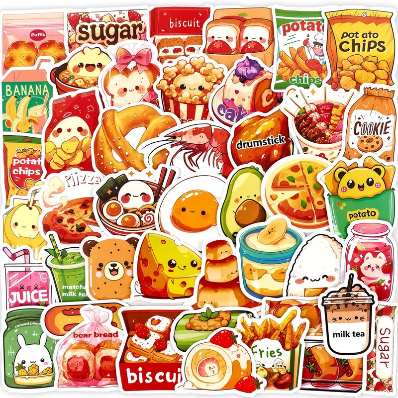 Ychsring Cute Food Stickers - 50 Pcs Waterproof Vinyl Cartoon Snack ...