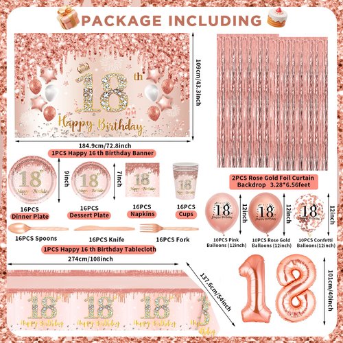 18th Birthday Decorations for Girls 152PCS Rose Gold 18th Birthday Party Supplies Includes Happy 18th Birthday Banner Balloons Tablecloth Plates Napkins Tableware Set for 18 Year Old Birthday Decor
