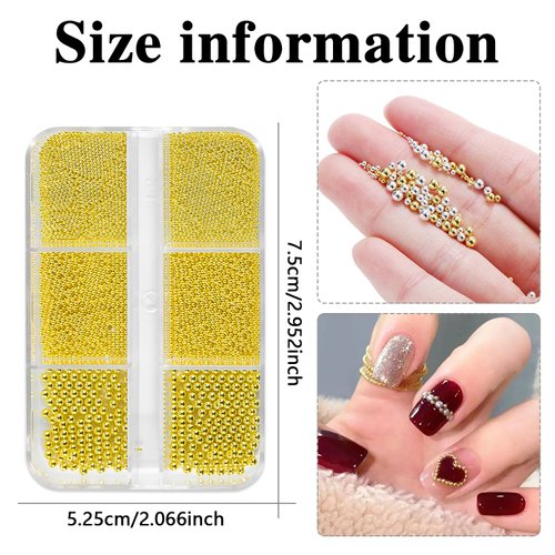 XEAOHESY 2 Boxes Nail Art Beads Gold Silver Mini Metal Nail Caviar Beads with 3 Sizes（0.5mm/0.8mm/1mm） Gold Silver Nail Charms for Women Girls Nail Decorations with Rhinestone Pickup Pen and Tweezers