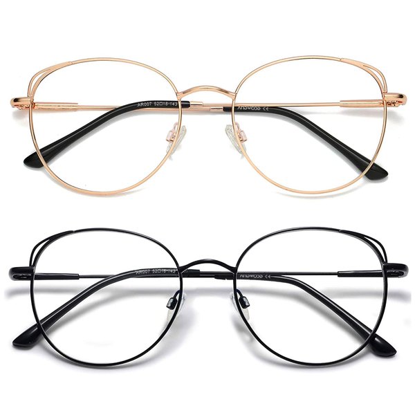 ANDWOOD Blue Light Blocking Glasses Women Cat Eye Computer Eyeglasses Metal Frame Hipster 2 Pack Rose Gold Black