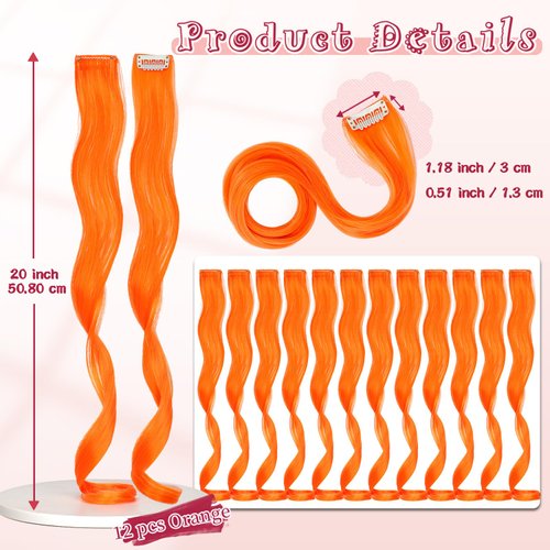 Fanguilar Colored Hair Extensions 12 PCS 20 Inch Orange Clip in Hair Extensions Rainbow One Color Party Highlight Long Wavy Synthetic Hairpiece for Women Gifts Halloween Party